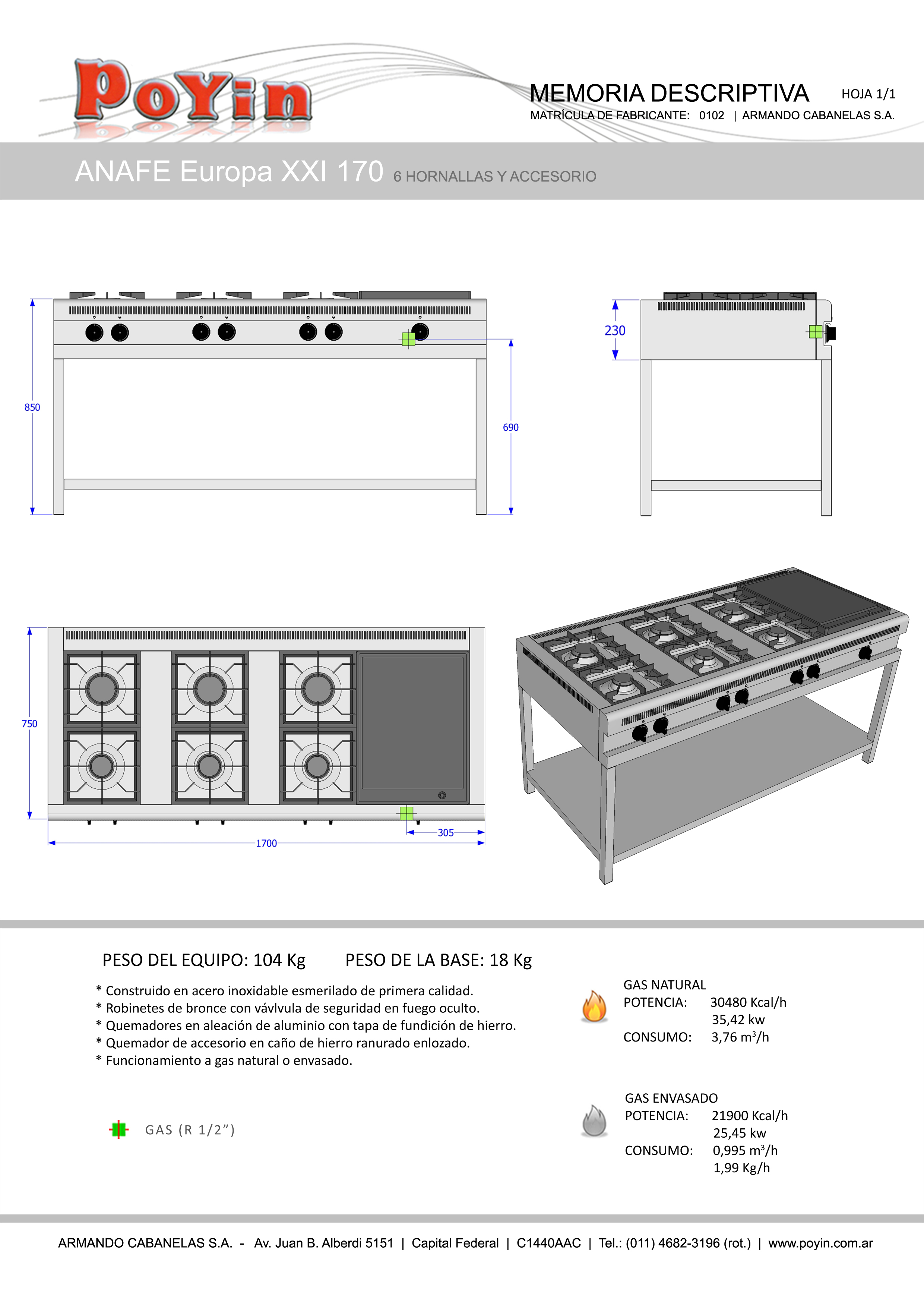 ANAFE MORELLI INDUSTRIAL BASIC CHEFF 1100 / 6 HORNALLAS / REJAS ALAMBRE –  REFRIVAN